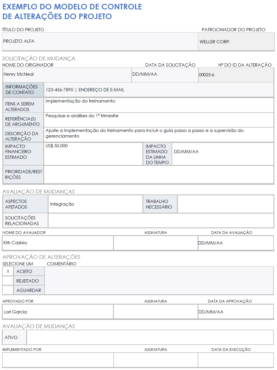  Modelo de exemplo de controle de mudança de projeto