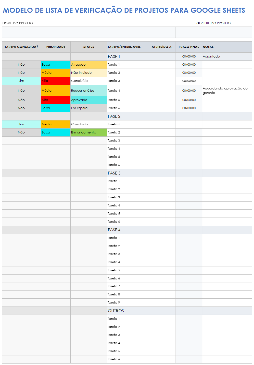  Modelo de lista de verificação de projeto para planilhas do Google