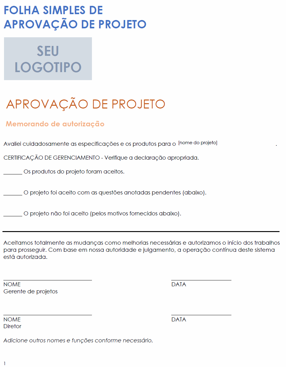  Modelo de folha de assinatura de projeto simples