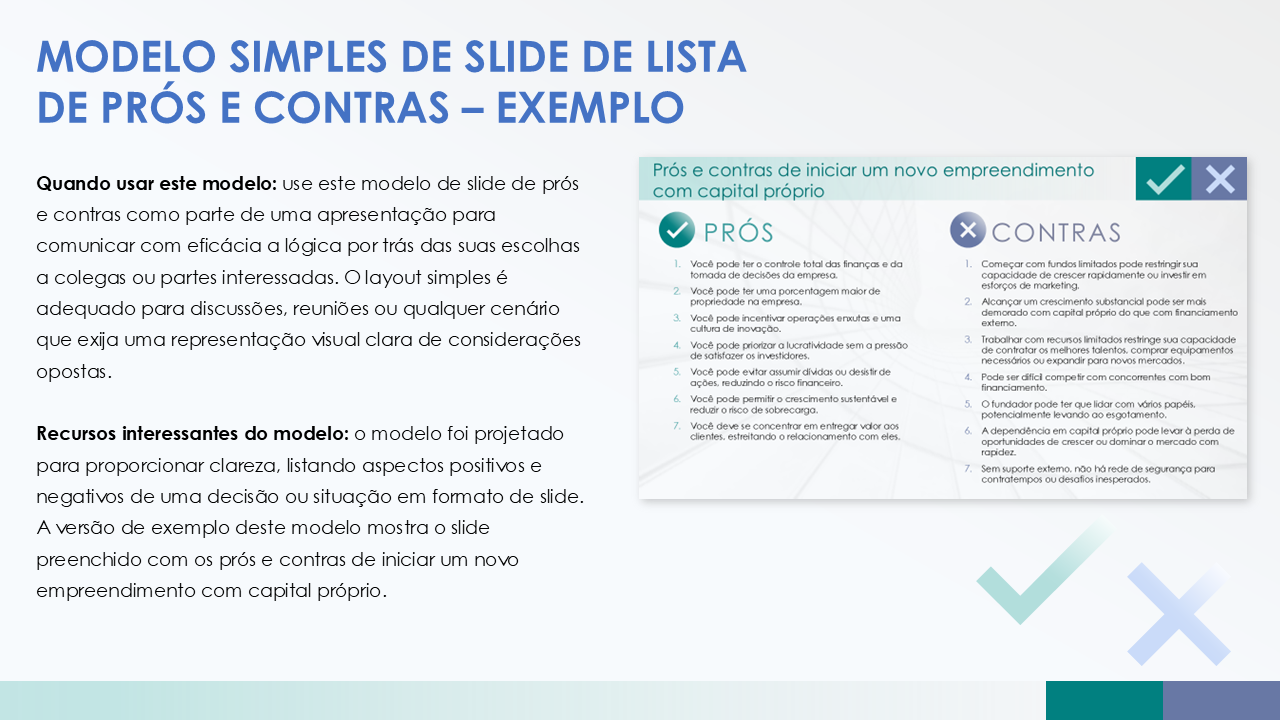  Exemplo de modelo de slide de lista de prós e contras simples