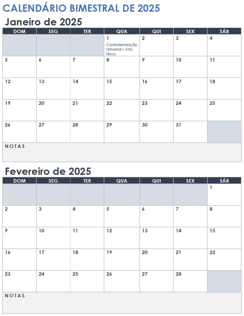 Calendário bimestral de 2025