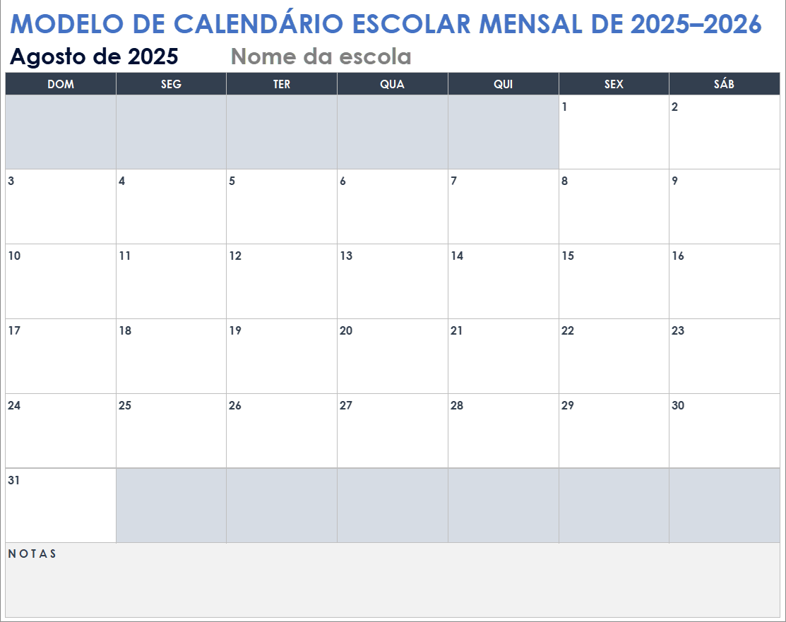 Modelo de calendário escolar mensal de 2025–2026