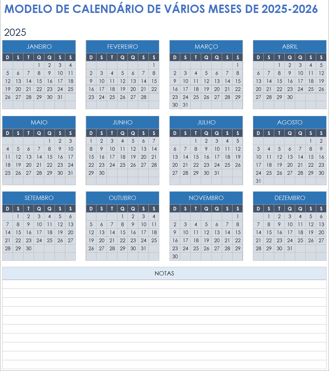 Modelo de calendário de vários meses 2025-2026