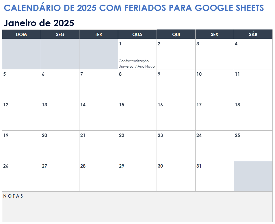 Calendário 2025 com feriados para o Google Sheets