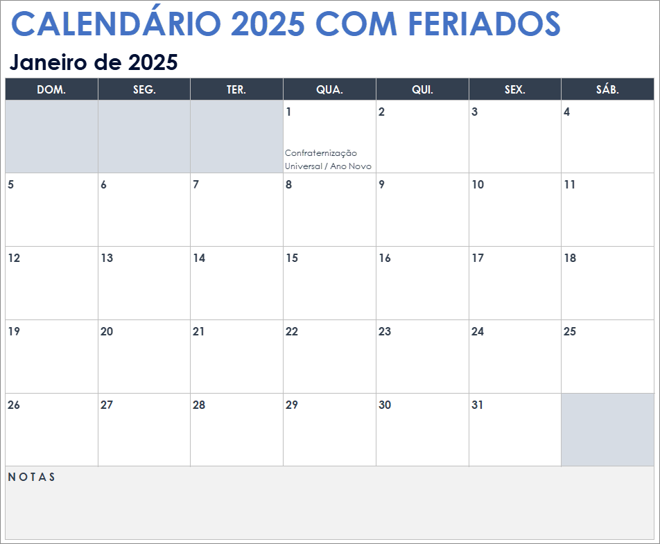 Calendário de 2025 com feriados