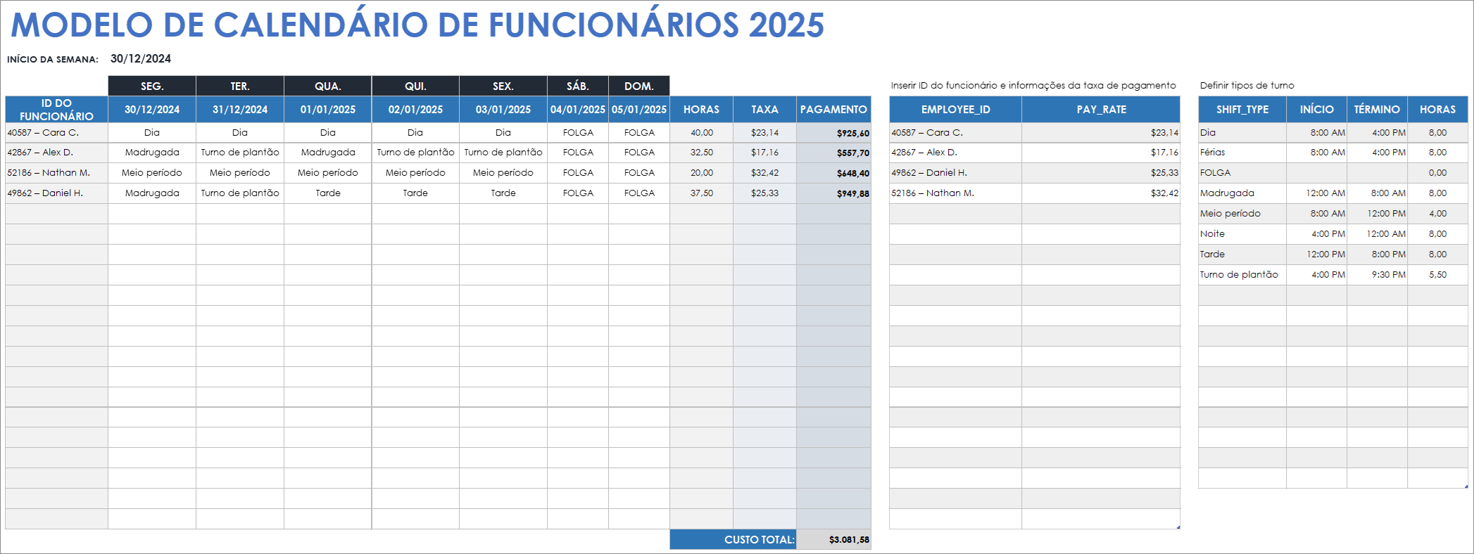 Modelo de calendário de funcionários de 2025 para Google Sheets