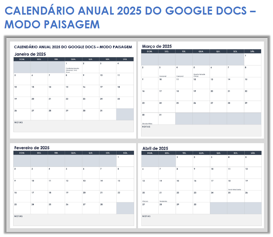 Calendário anual de 2025 para Google Docs (paisagem)