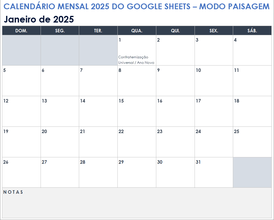 Calendário mensal de 2025 para Google Sheets (paisagem)