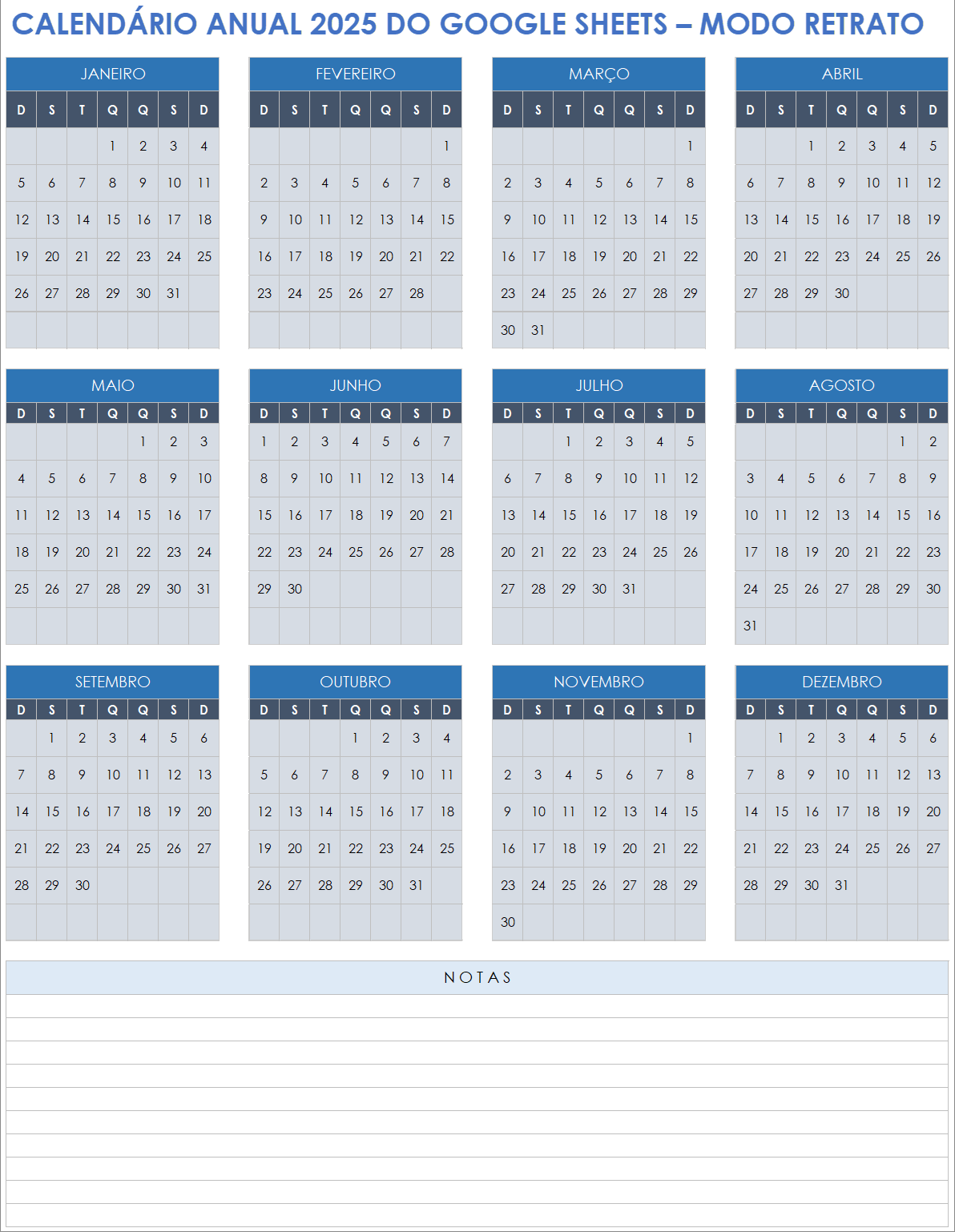 Calendário anual de 2025 para Google Sheets (retrato)