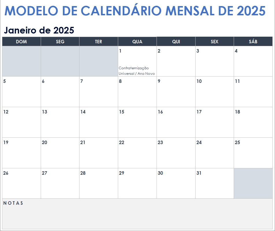 Modelo de calendário mensal 2025