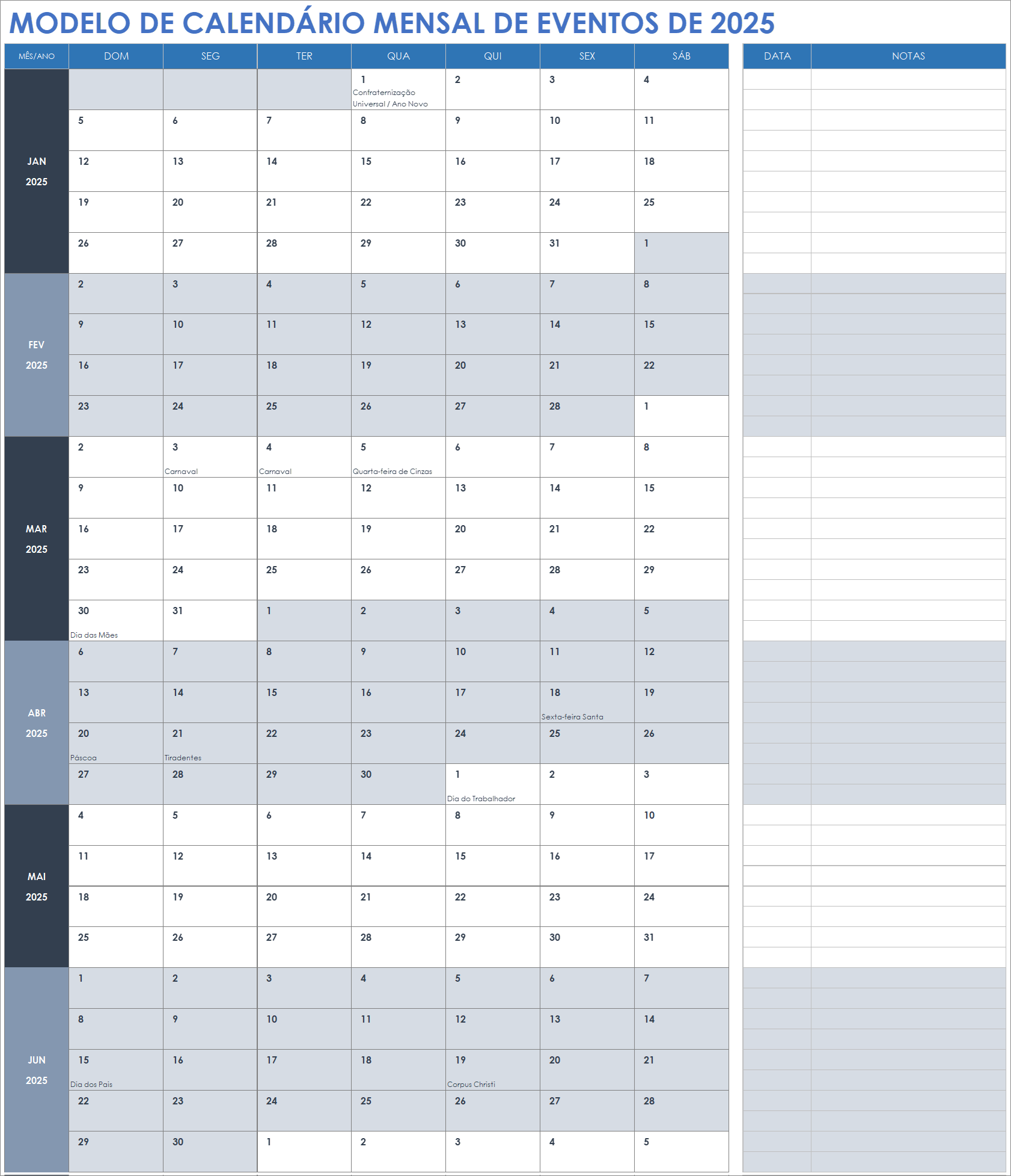 Modelo de calendário mensal de eventos de 2025