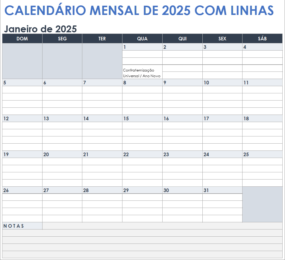 Calendário mensal pautado 2025