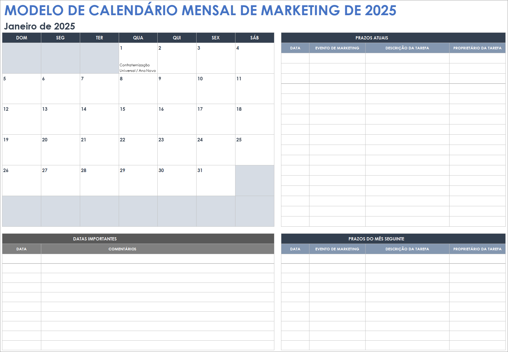 Modelo de calendário mensal de marketing de 2025