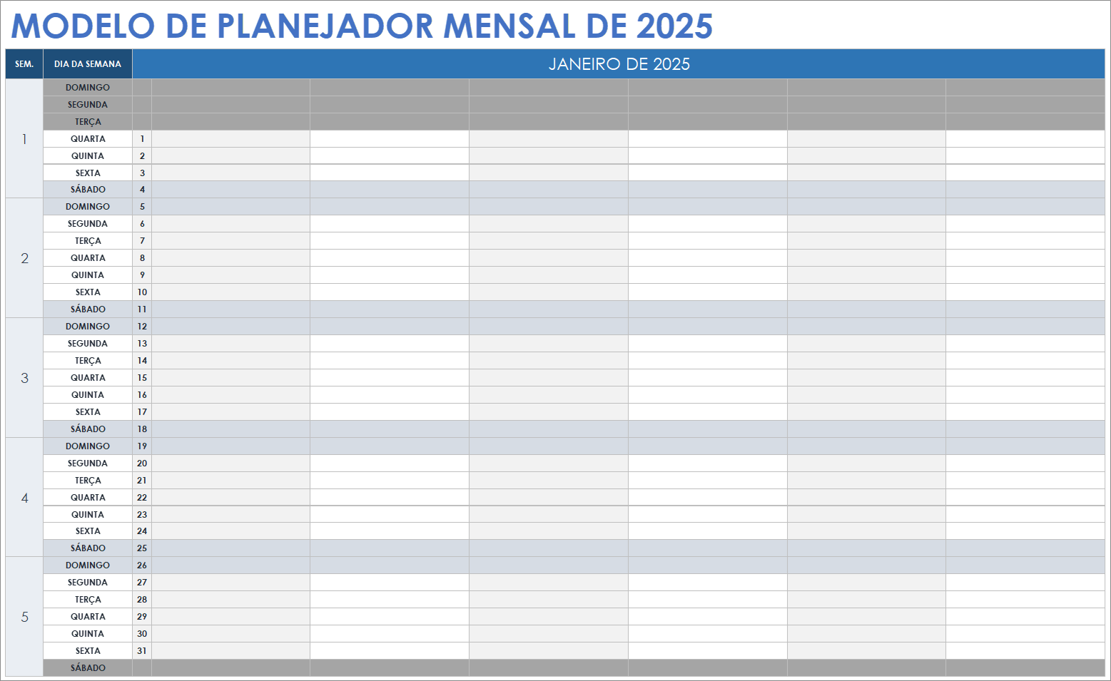 Modelo de planeador mensal 2025 para folhas de cálculo do Google