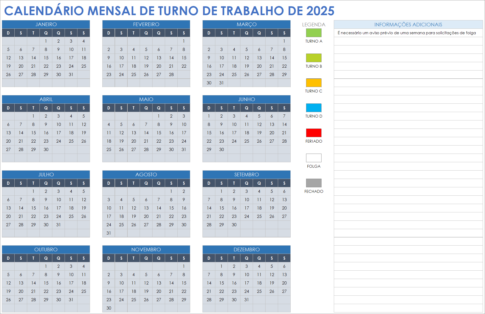 Calendário mensal de turno de trabalho de 2025