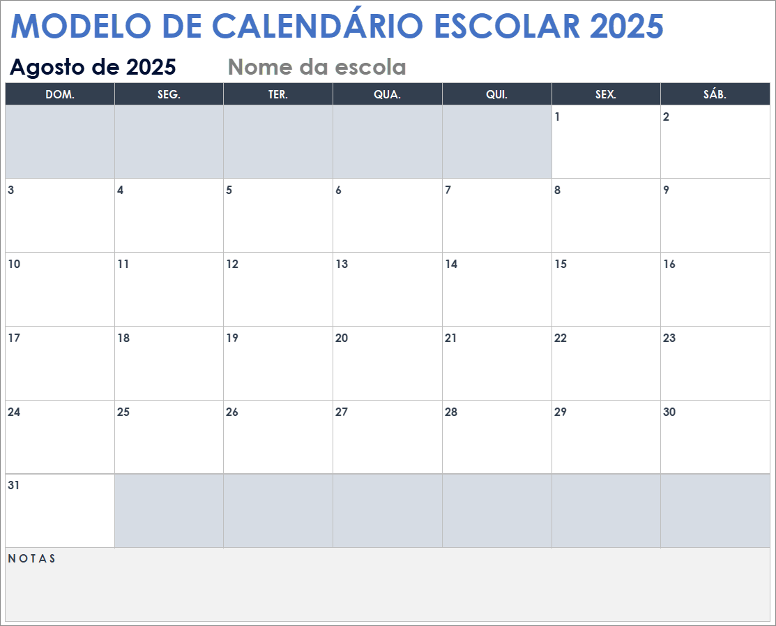 Modelo de calendário escolar de 2025