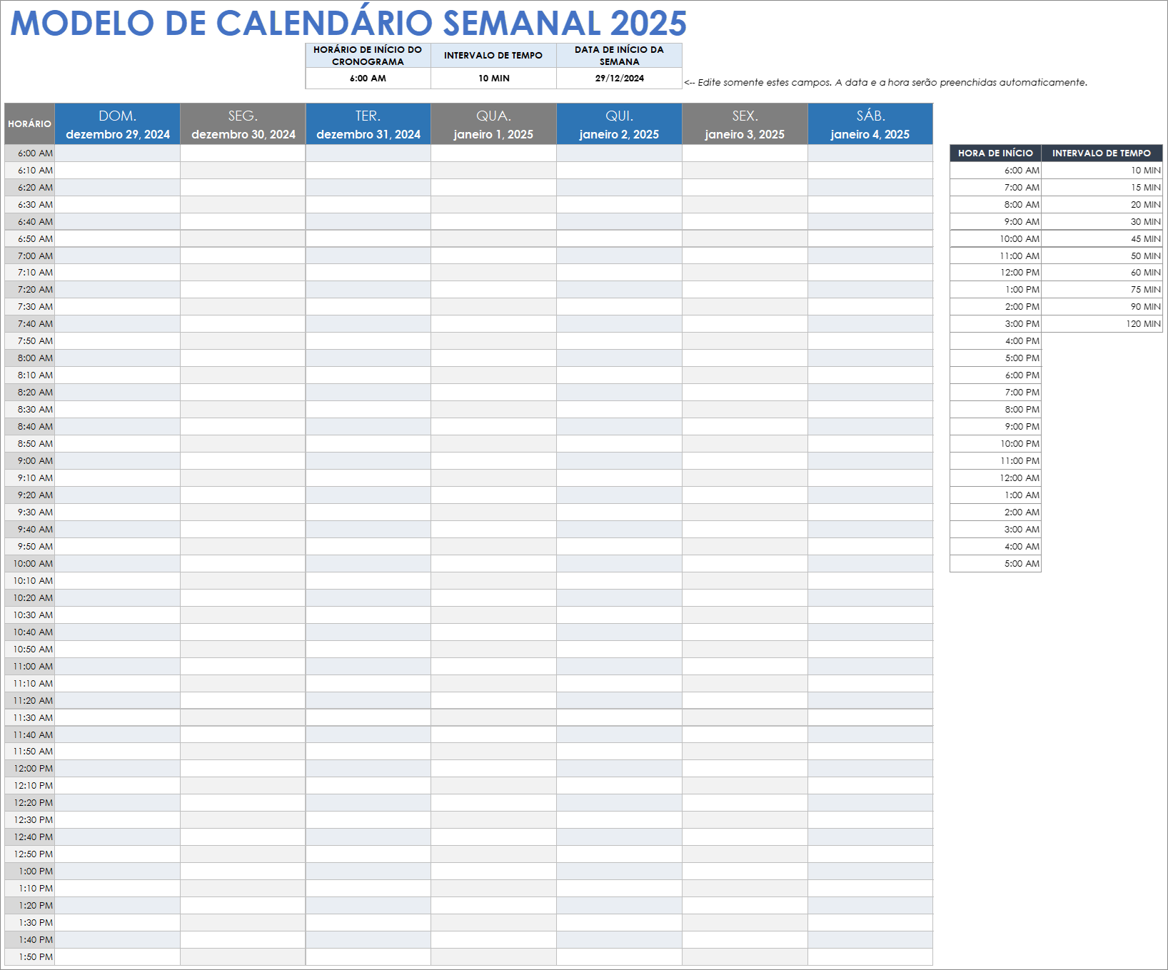 Modelo de calendário semanal de 2025 para Google Sheets