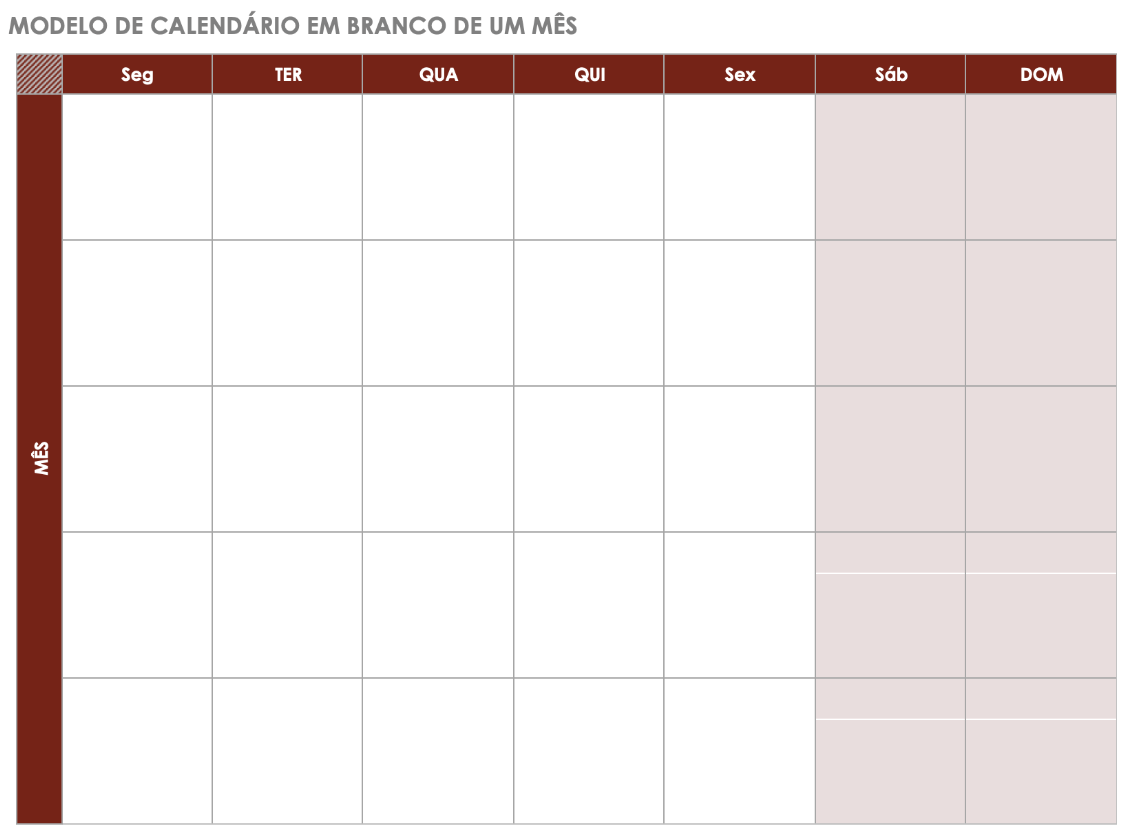 Modelo de calendário de um mês em branco, começando pela segunda-feira