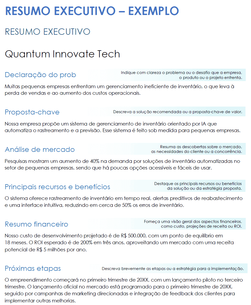  EXEMPLO de modelo de resumo executivo