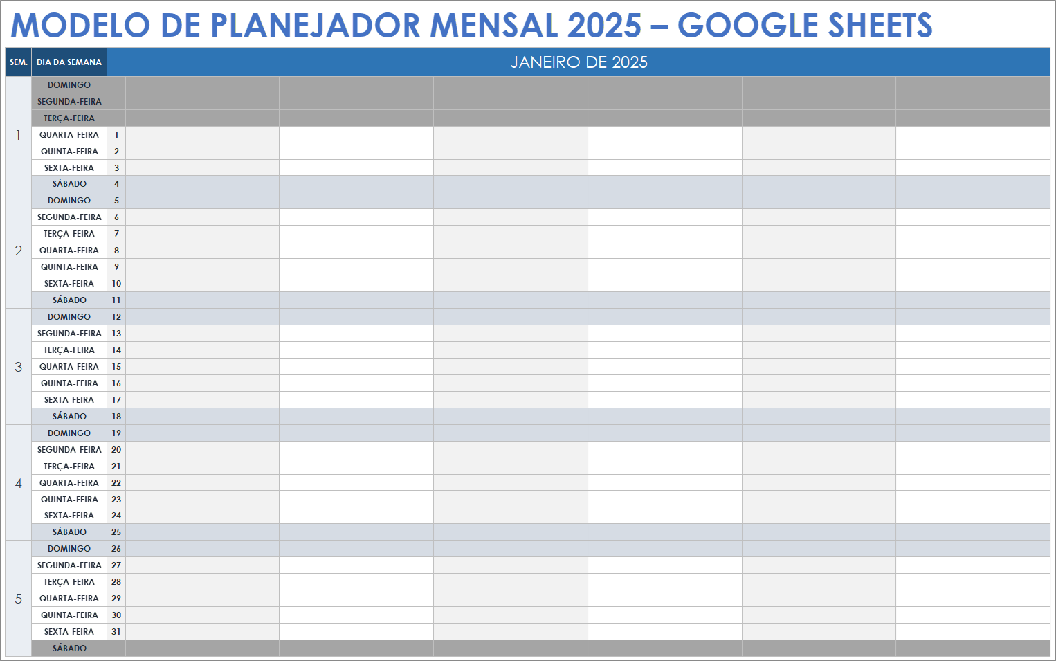 Modelo de planner mensal de 2025 para Google Sheets