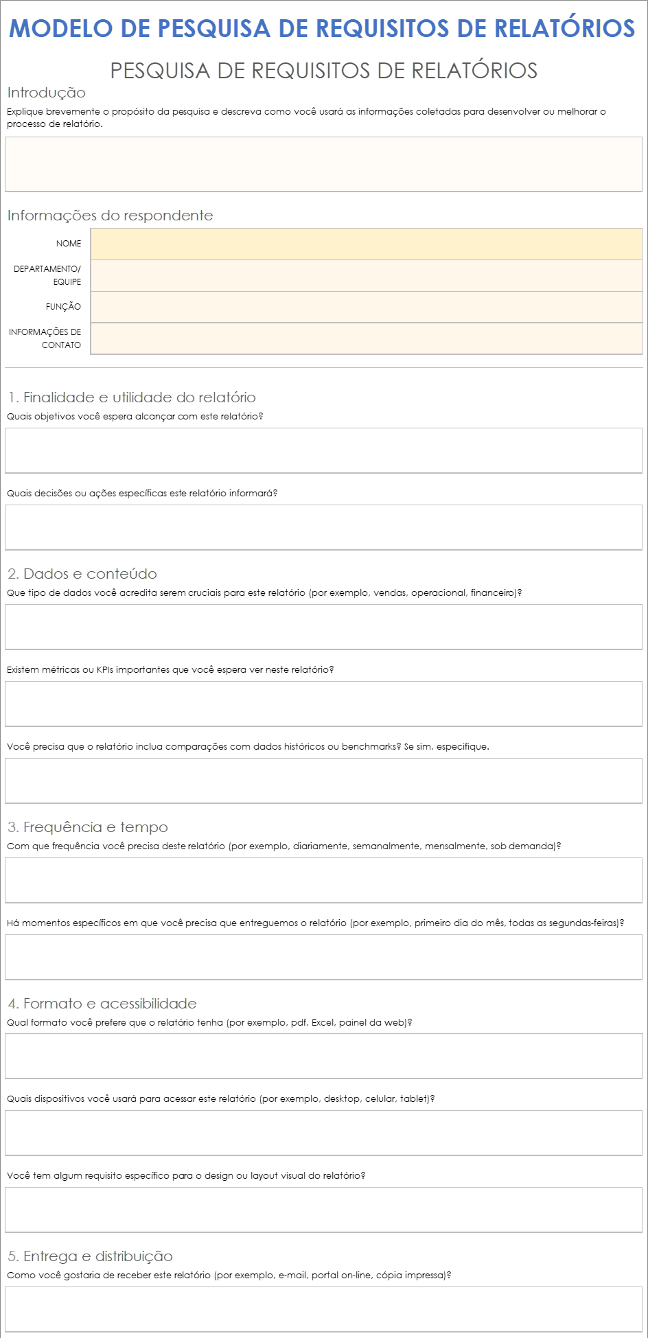 Modelo de pesquisa de requisitos de relatórios