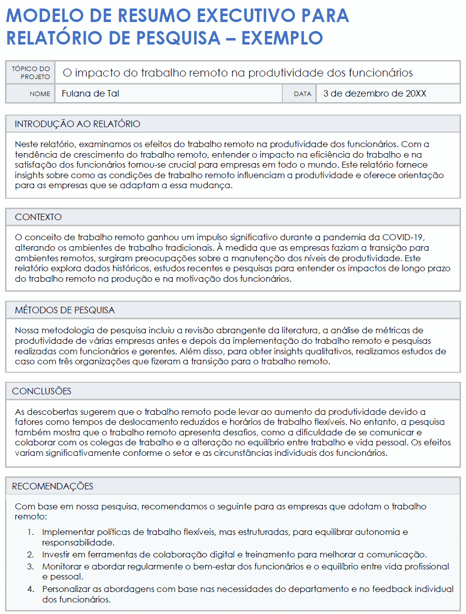  EXEMPLO de modelo de resumo executivo de relatório de pesquisa