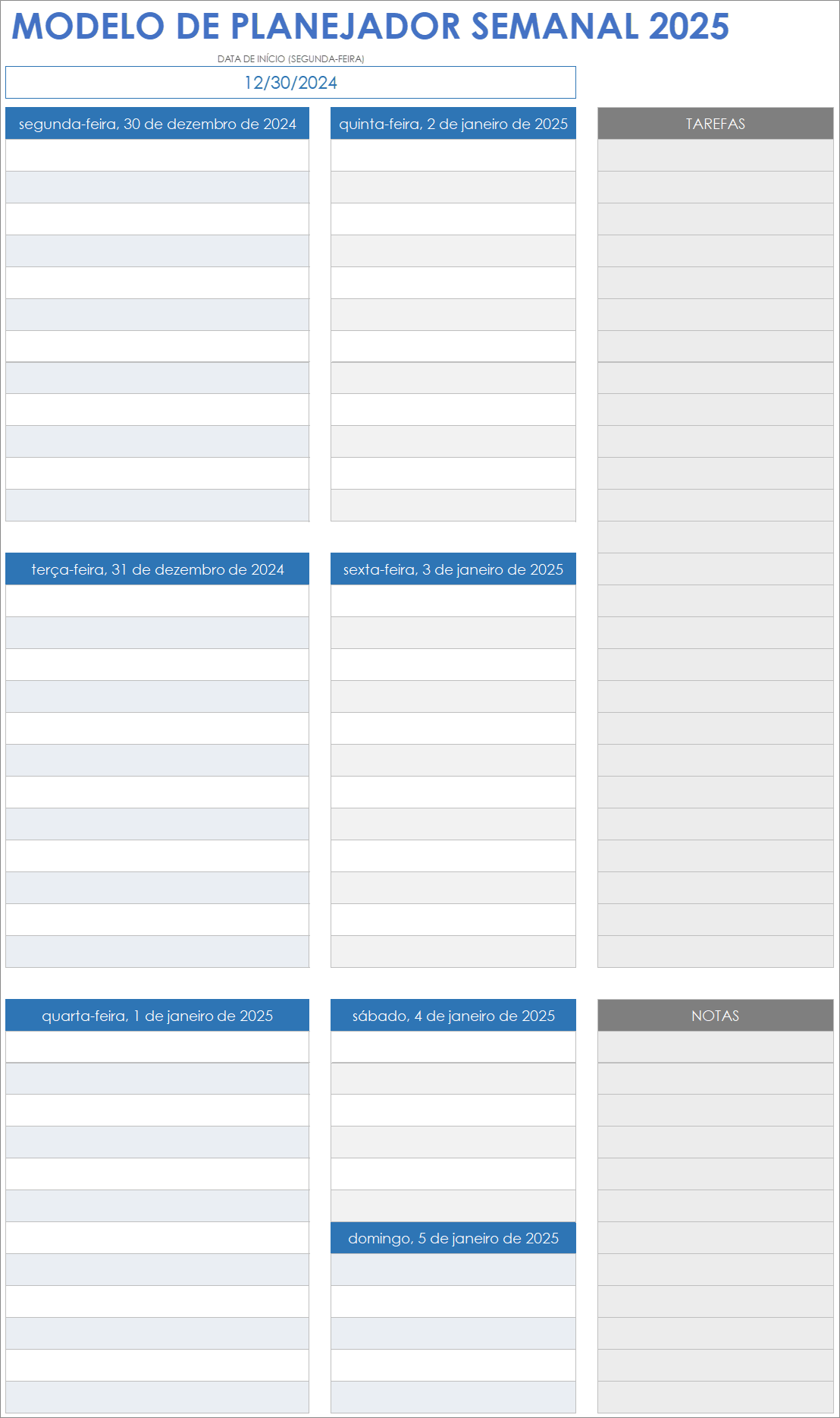 Modelo de planner semanal de 2025