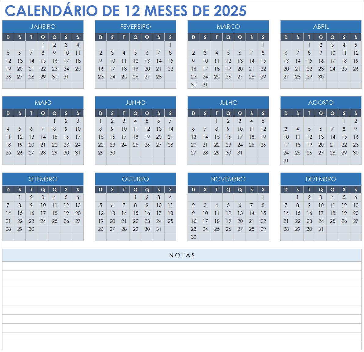  Modelo de calendário de 2025-12 meses