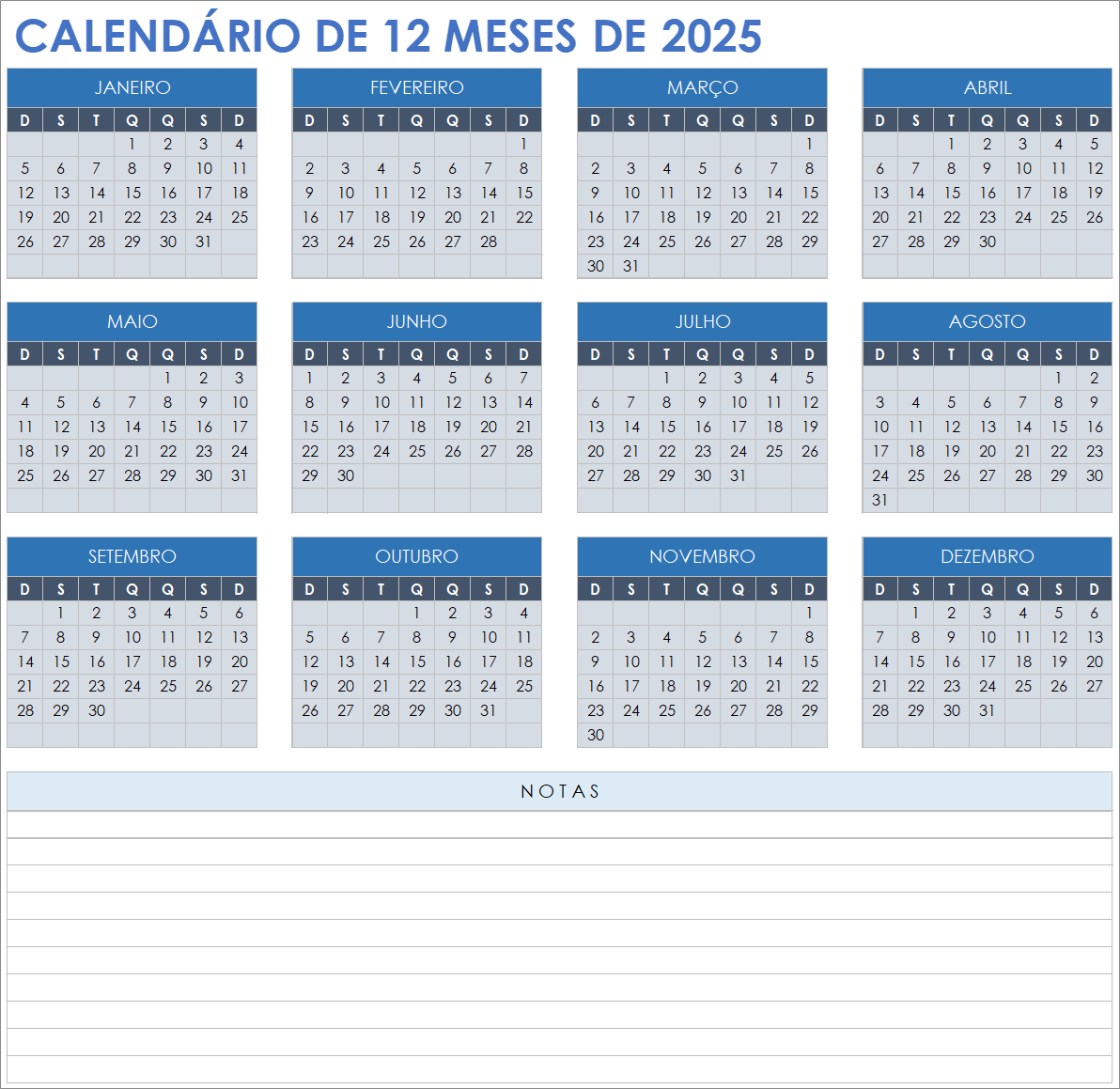 Modelo de calendário de 12 meses de 2025