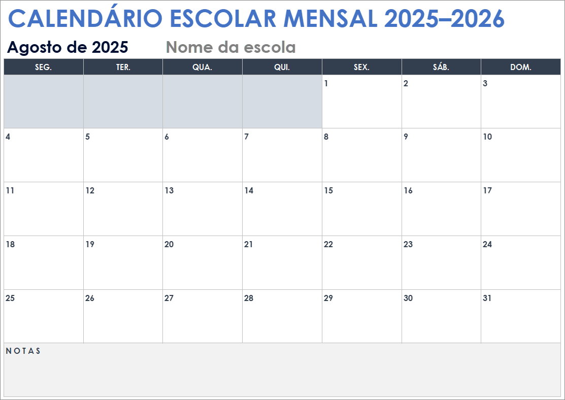 Modelo de calendário escolar mensal de 2025–2026