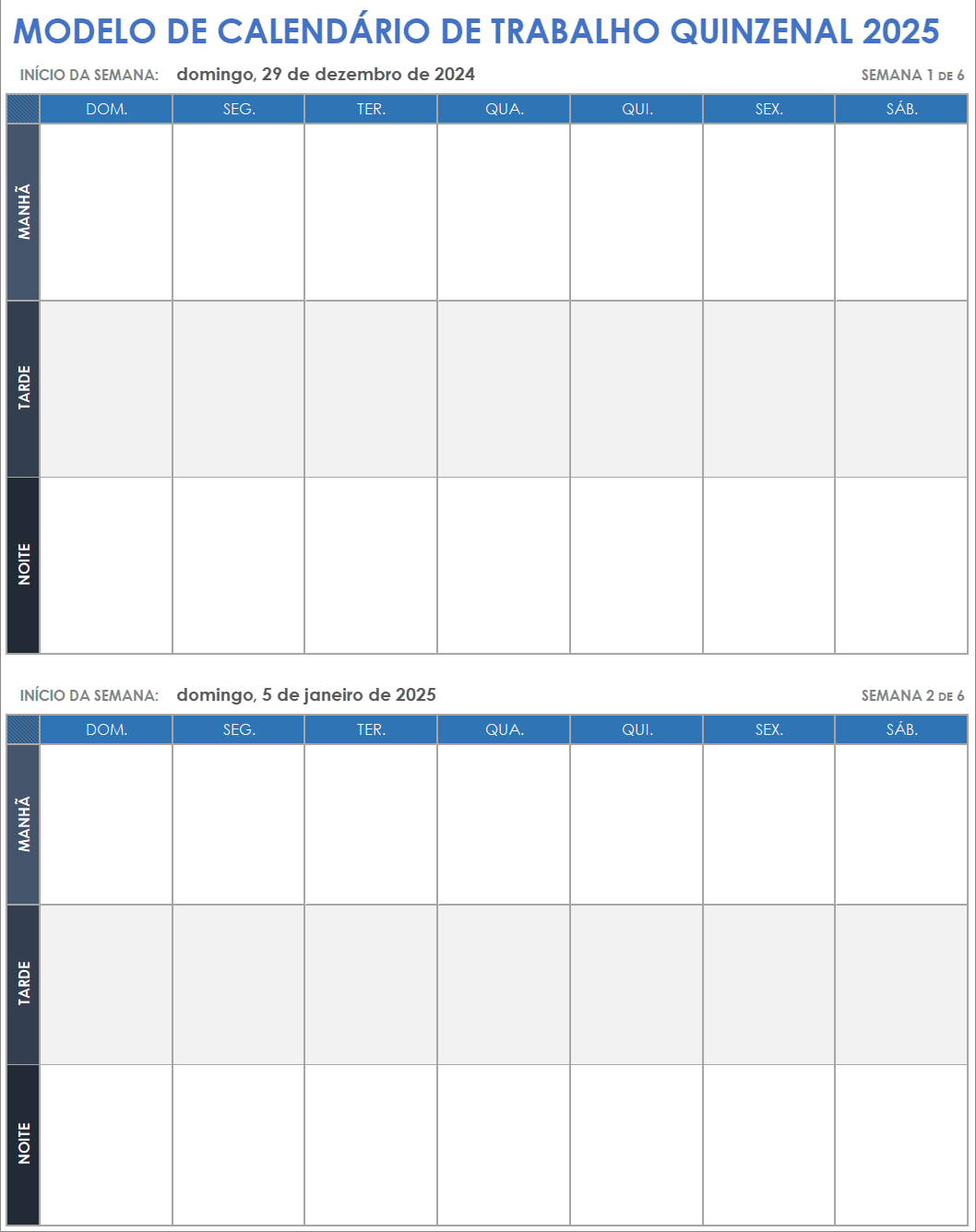 Modelo de calendário de trabalho quinzenal