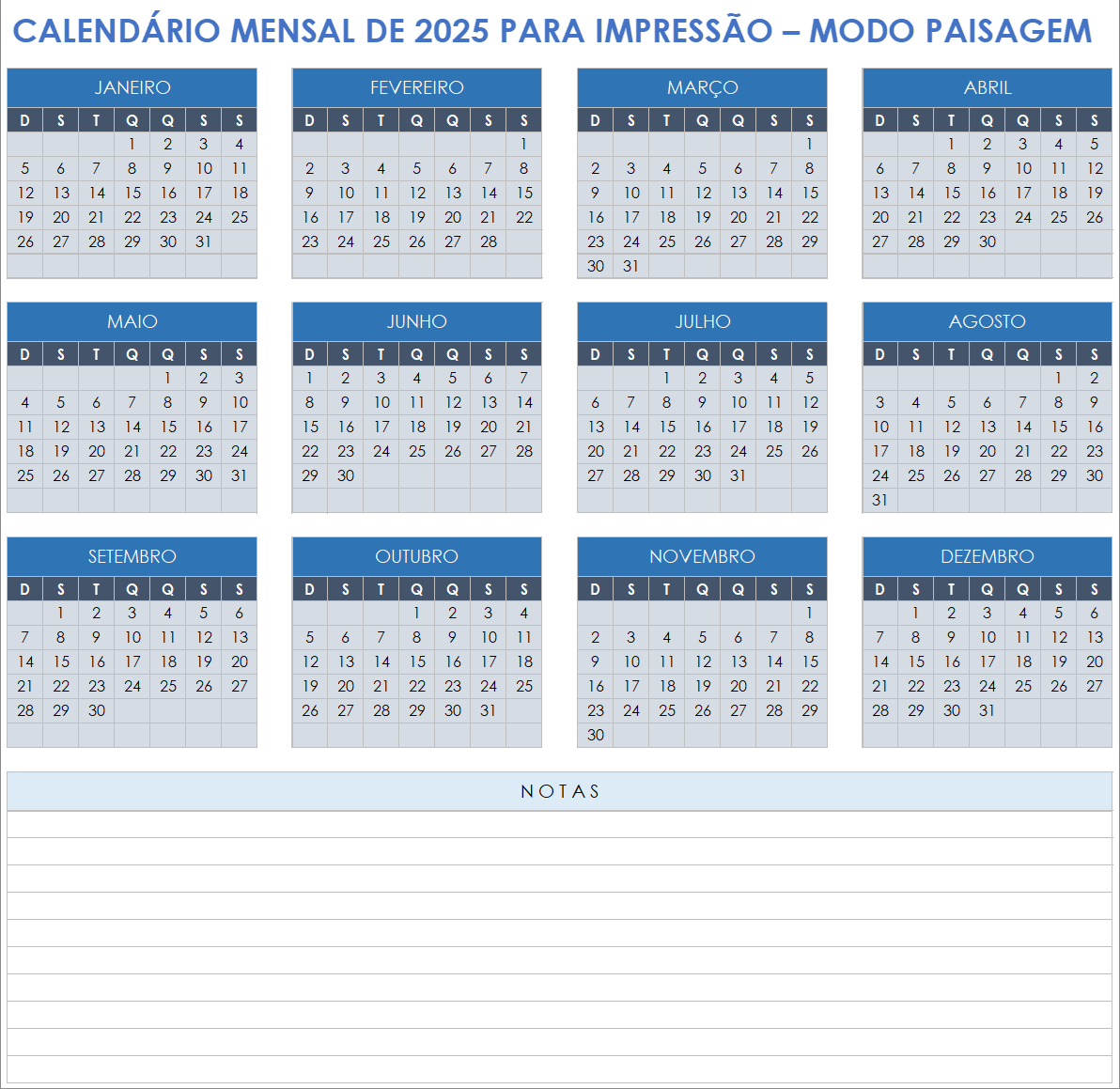 Calendário mensal de 2025 para impressão no modo paisagem