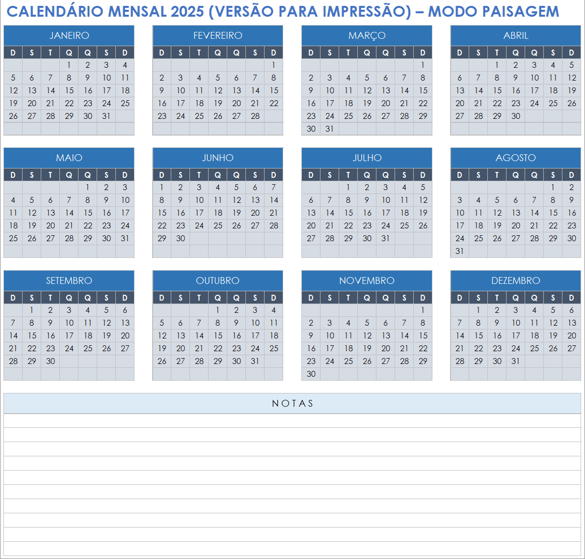 Calendário mensal de 2025 para impressão (paisagem)