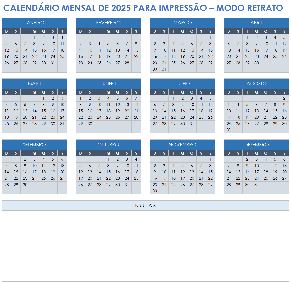 Calendário mensal de 2025 para impressão no modo retrato