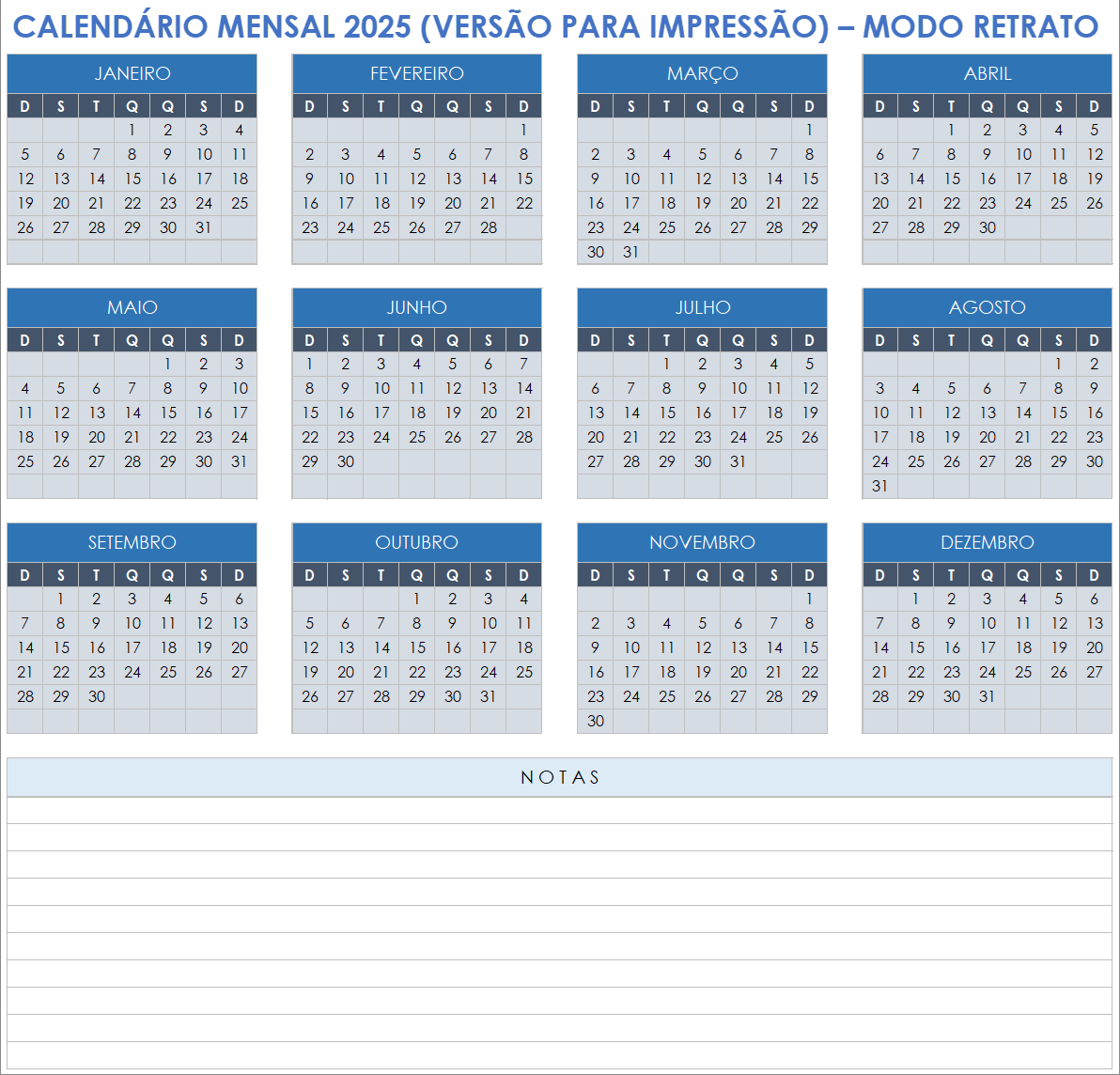 Calendário mensal de 2025 para impressão (retrato)