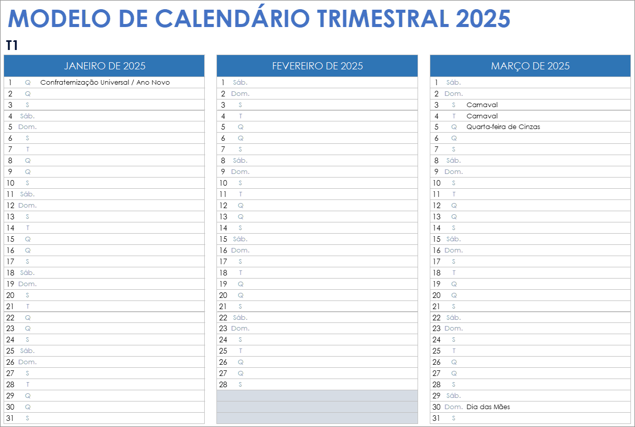 Modelo de calendário trimestral de 2025