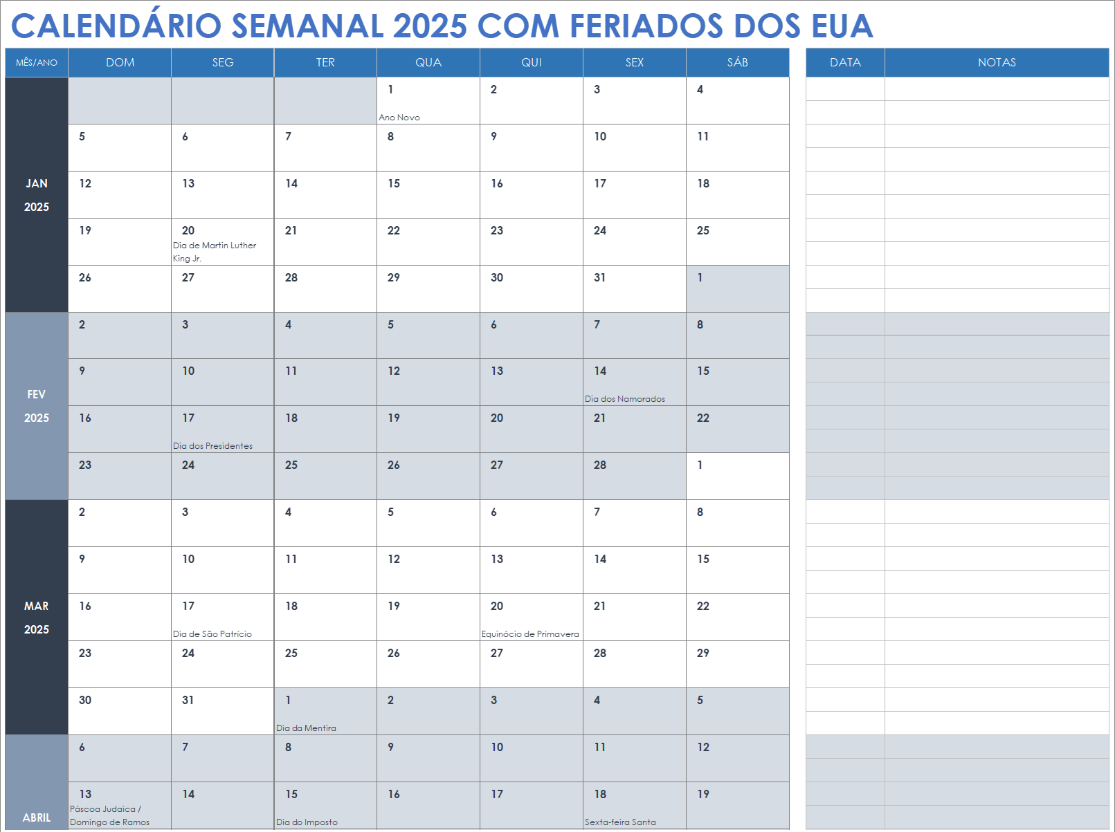 Calendário semanal de 2025 com feriados dos EUA