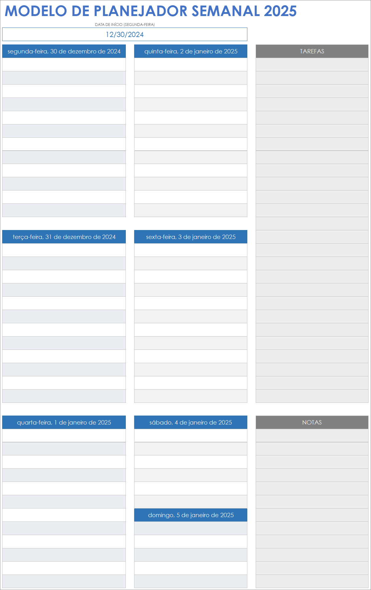 Modelo de planner semanal de 2025