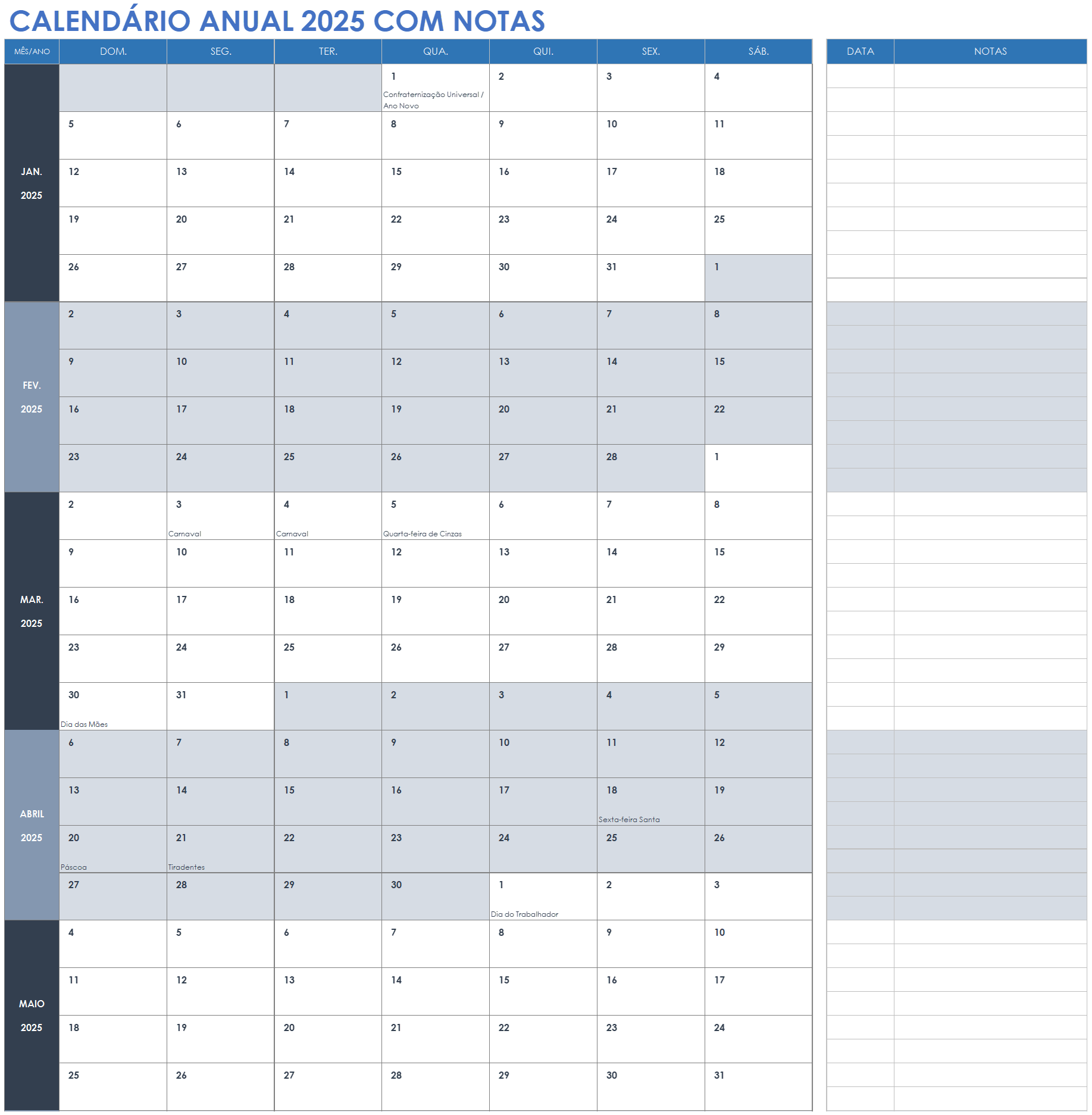 Calendário anual de 2025 com notas