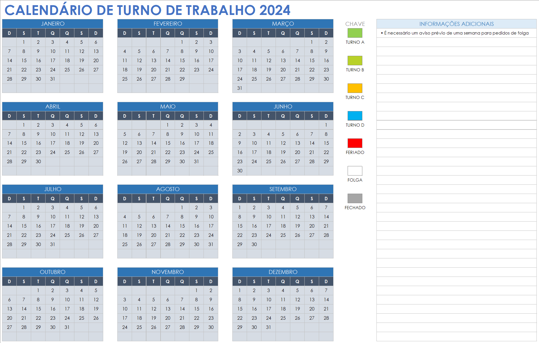 Calendário mensal de turno de trabalho de 2024