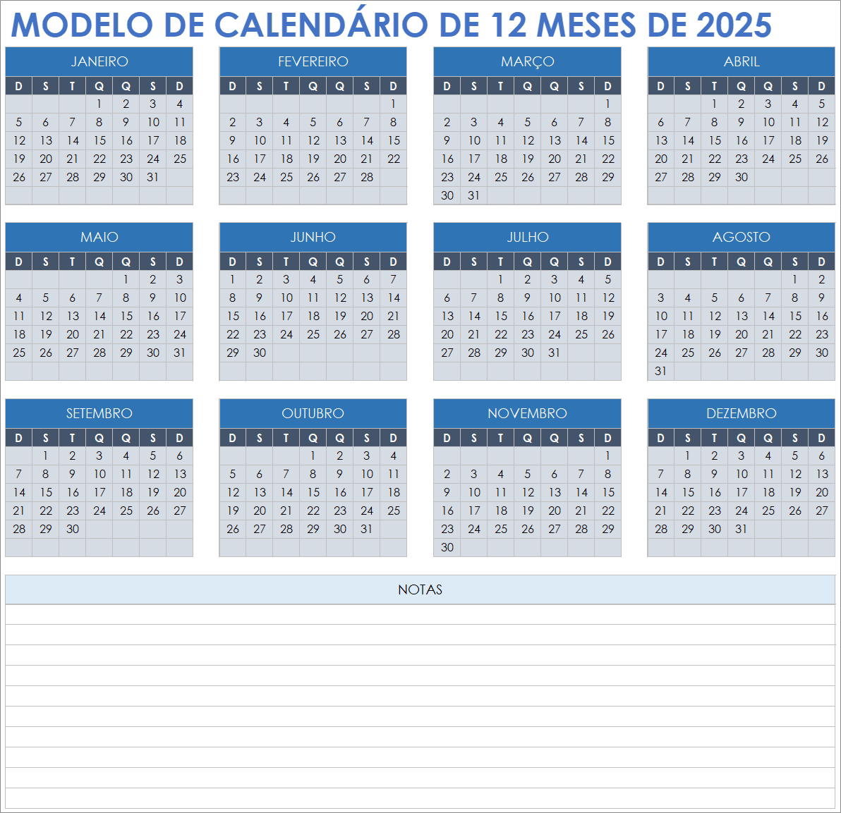 Modelo de calendário de 12 meses de 2025