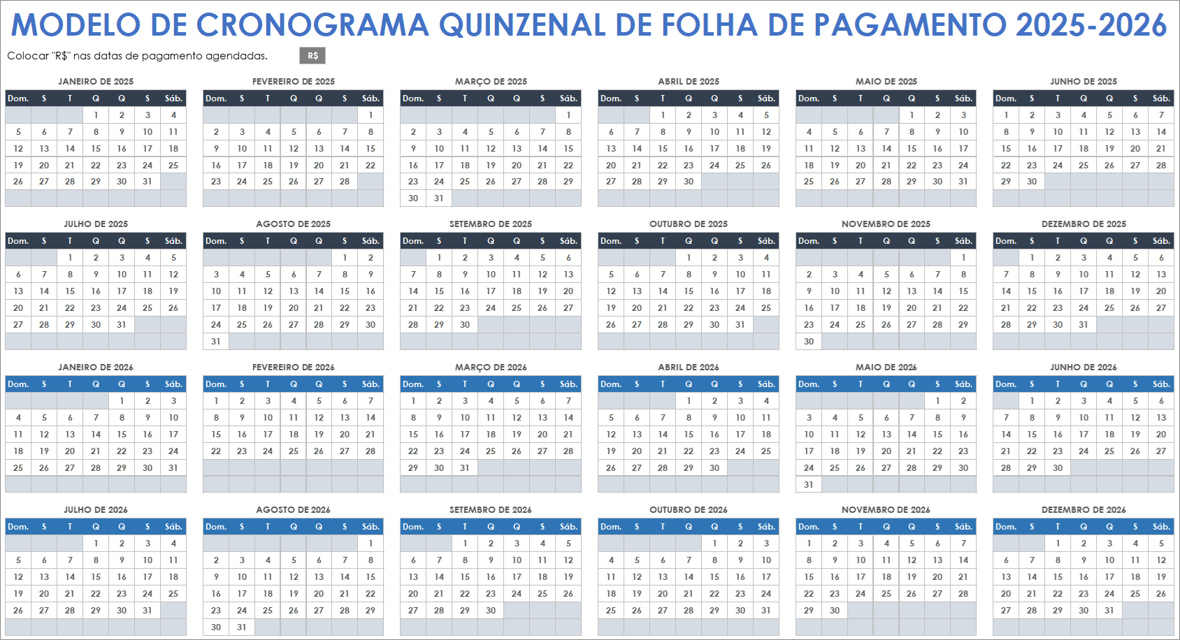 Modelo de cronograma de folha de pagamento quinzenal de 2025–2026