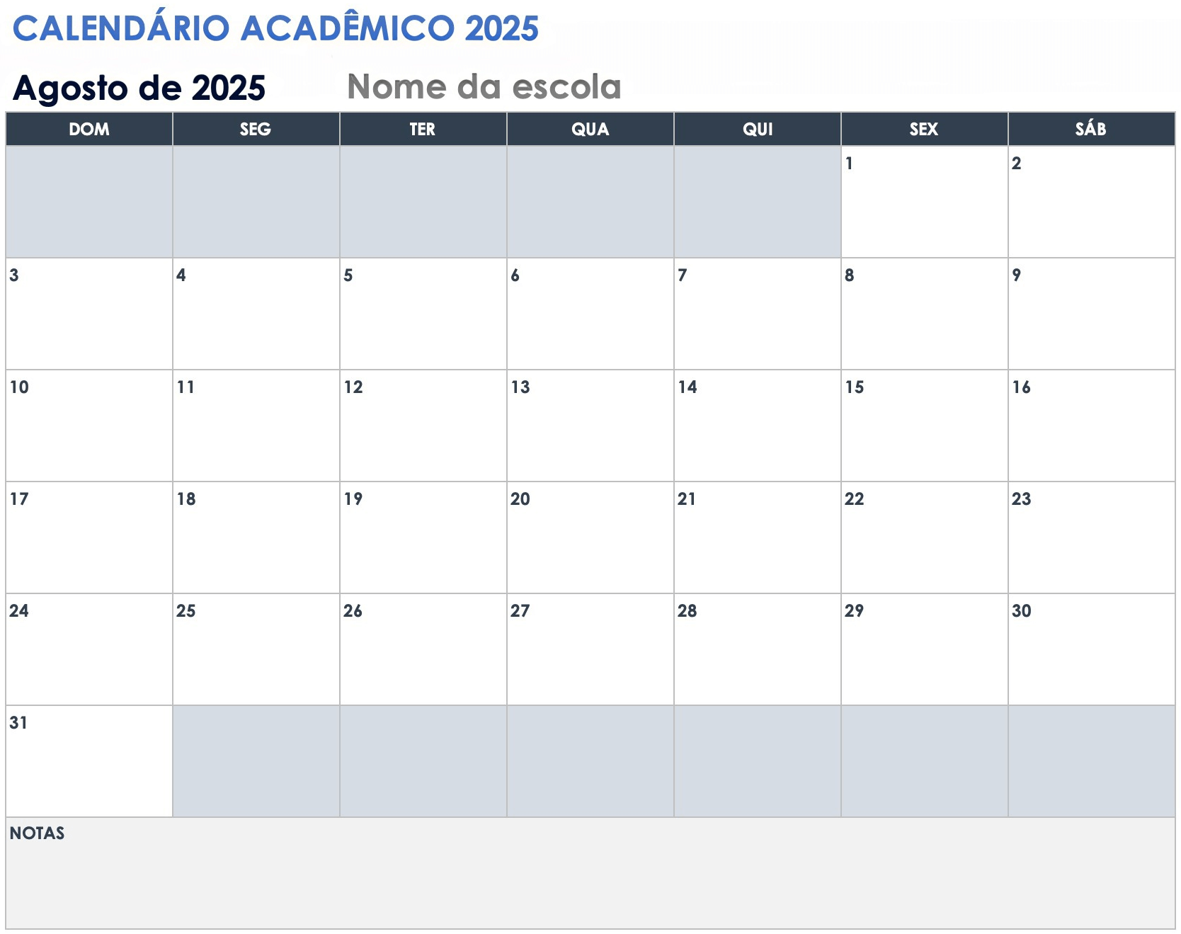 Modelo de calendário acadêmico de 2025