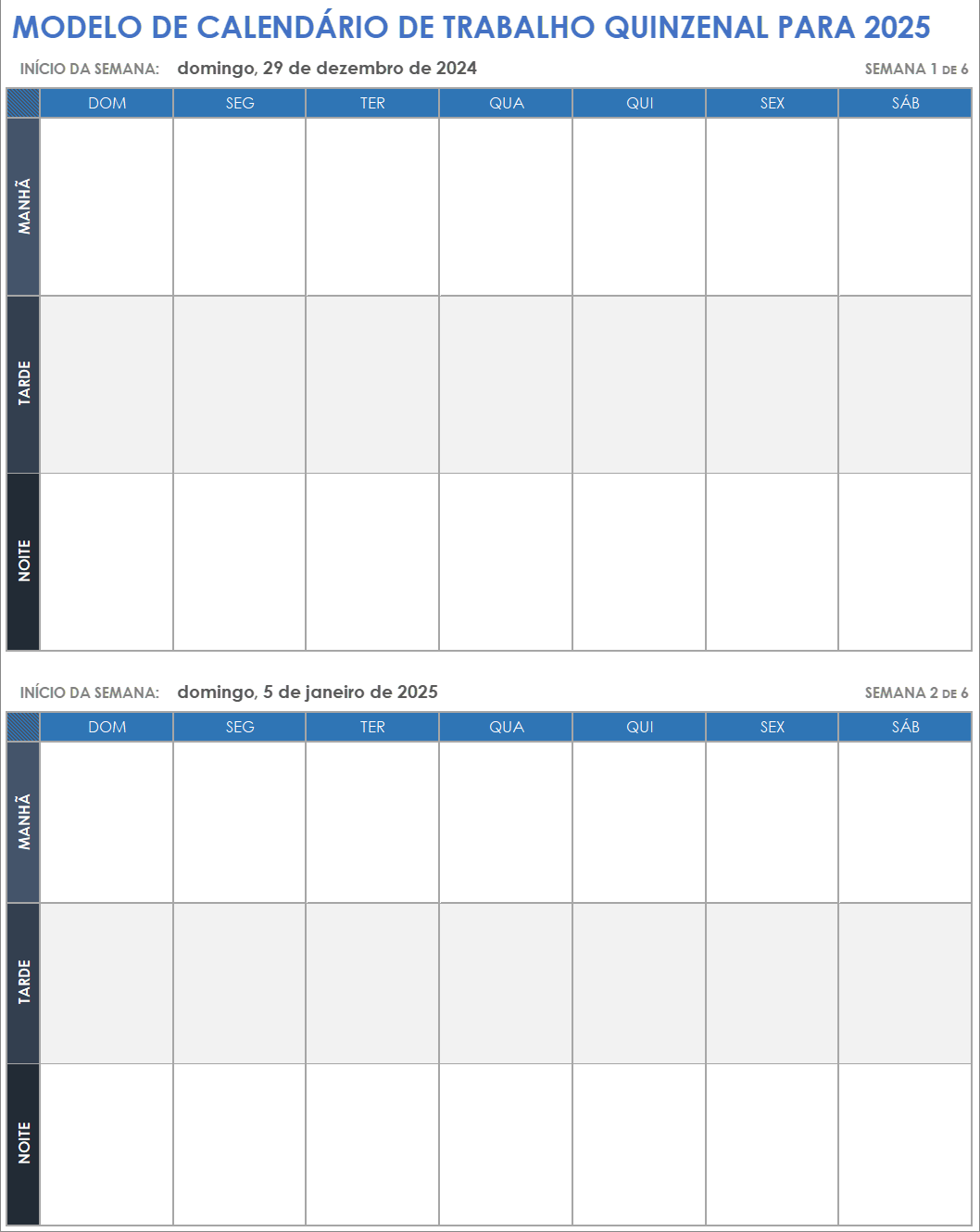 Modelo de calendário de trabalho quinzenal para 2025