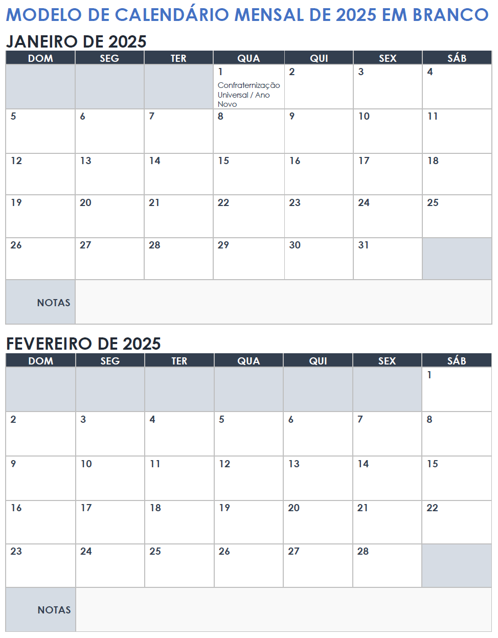 Modelo de calendário mensal em branco 2025