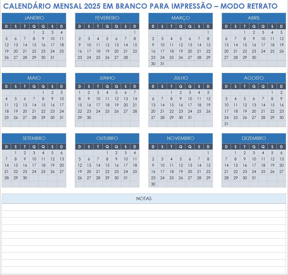 Calendário mensal de 2025 em branco para impressão em formato retrato