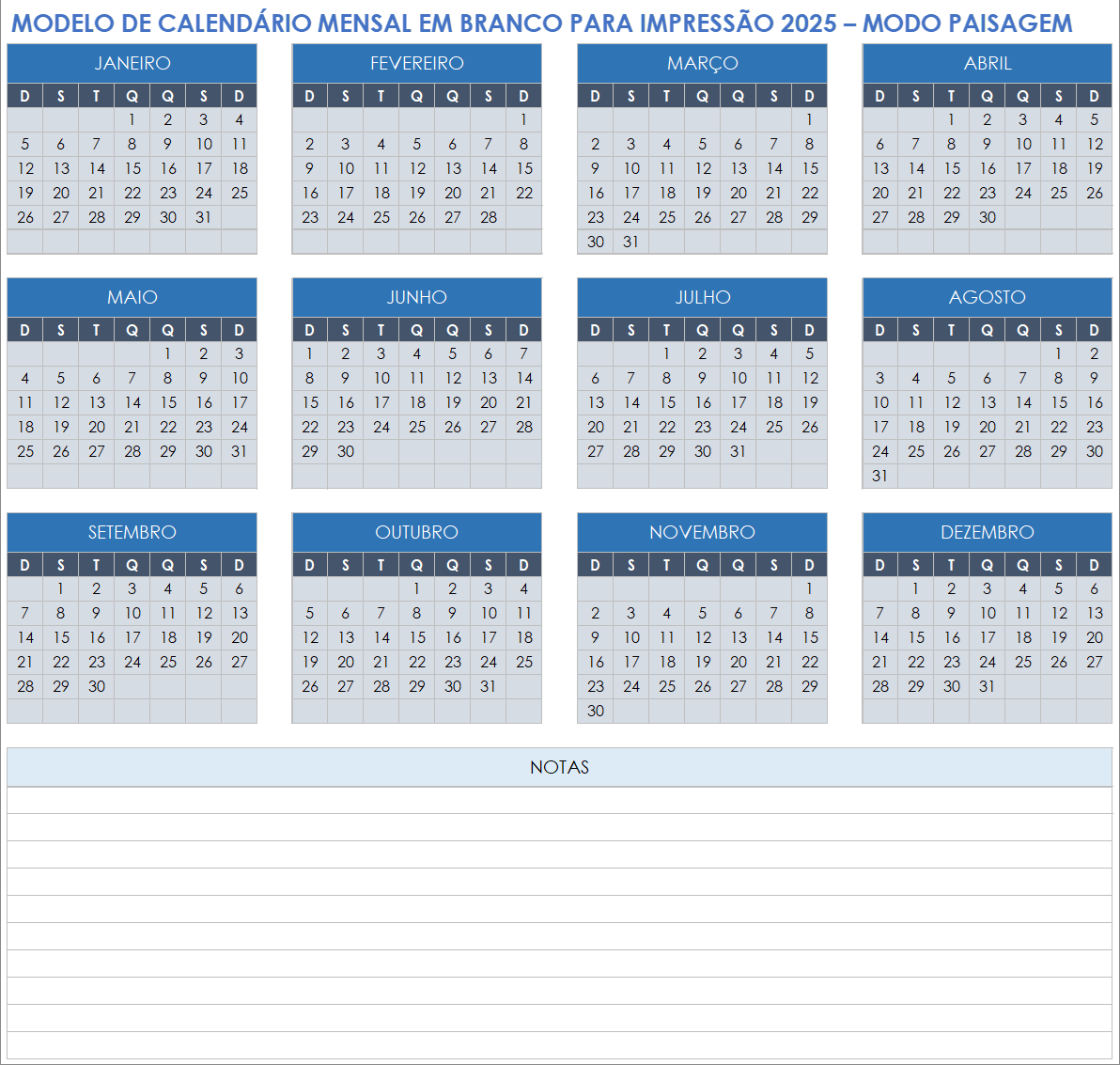 Modelo de calendário mensal de 2025 em branco para impressão em formato paisagem