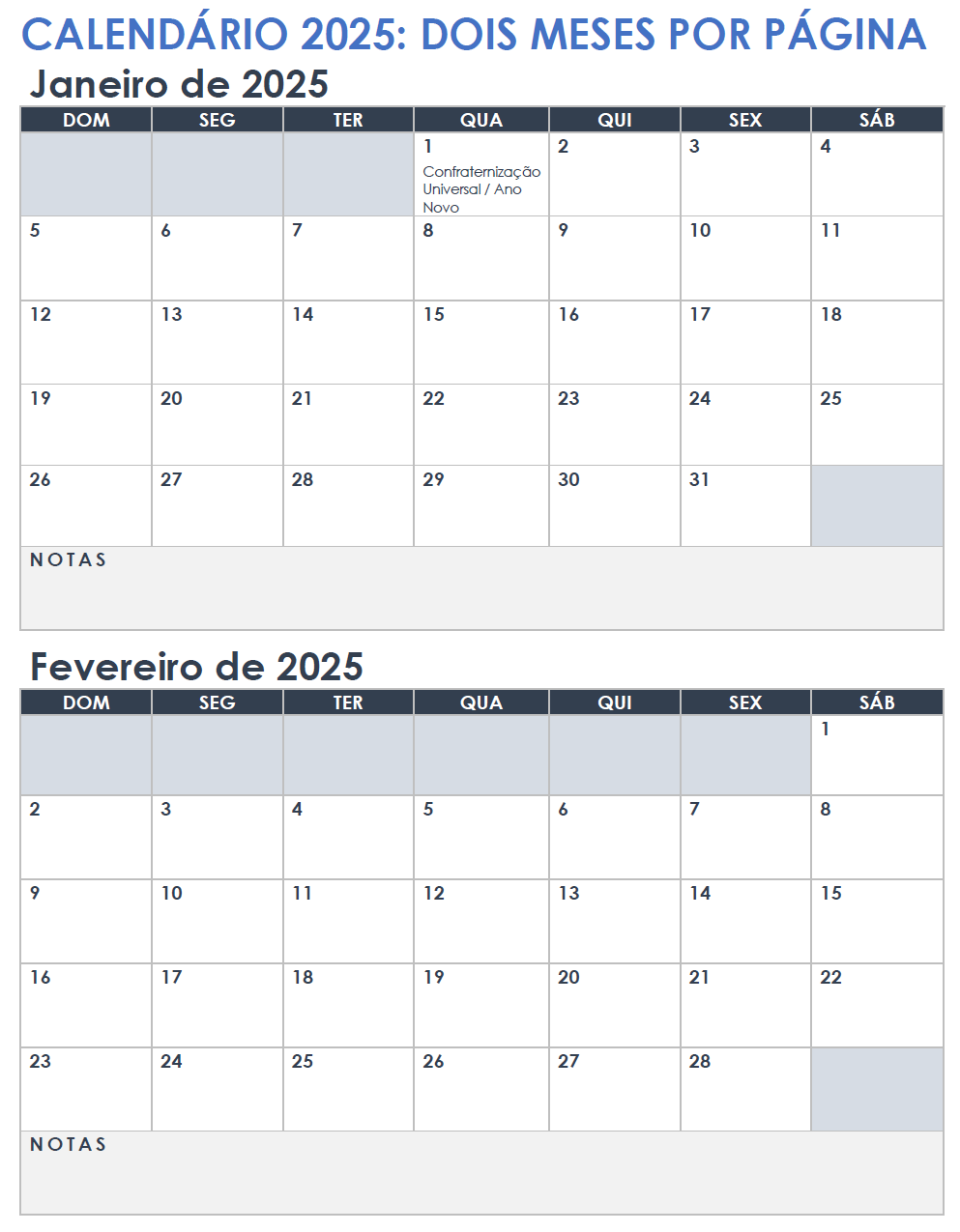 Calendário de 2025 com dois meses por página