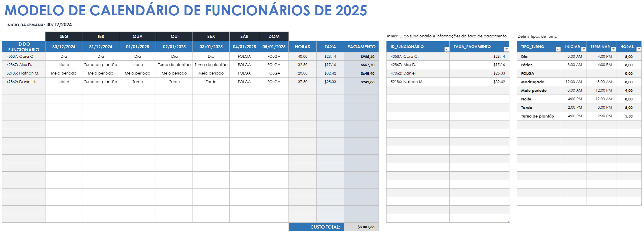 Modelo de calendário de funcionários de 2025