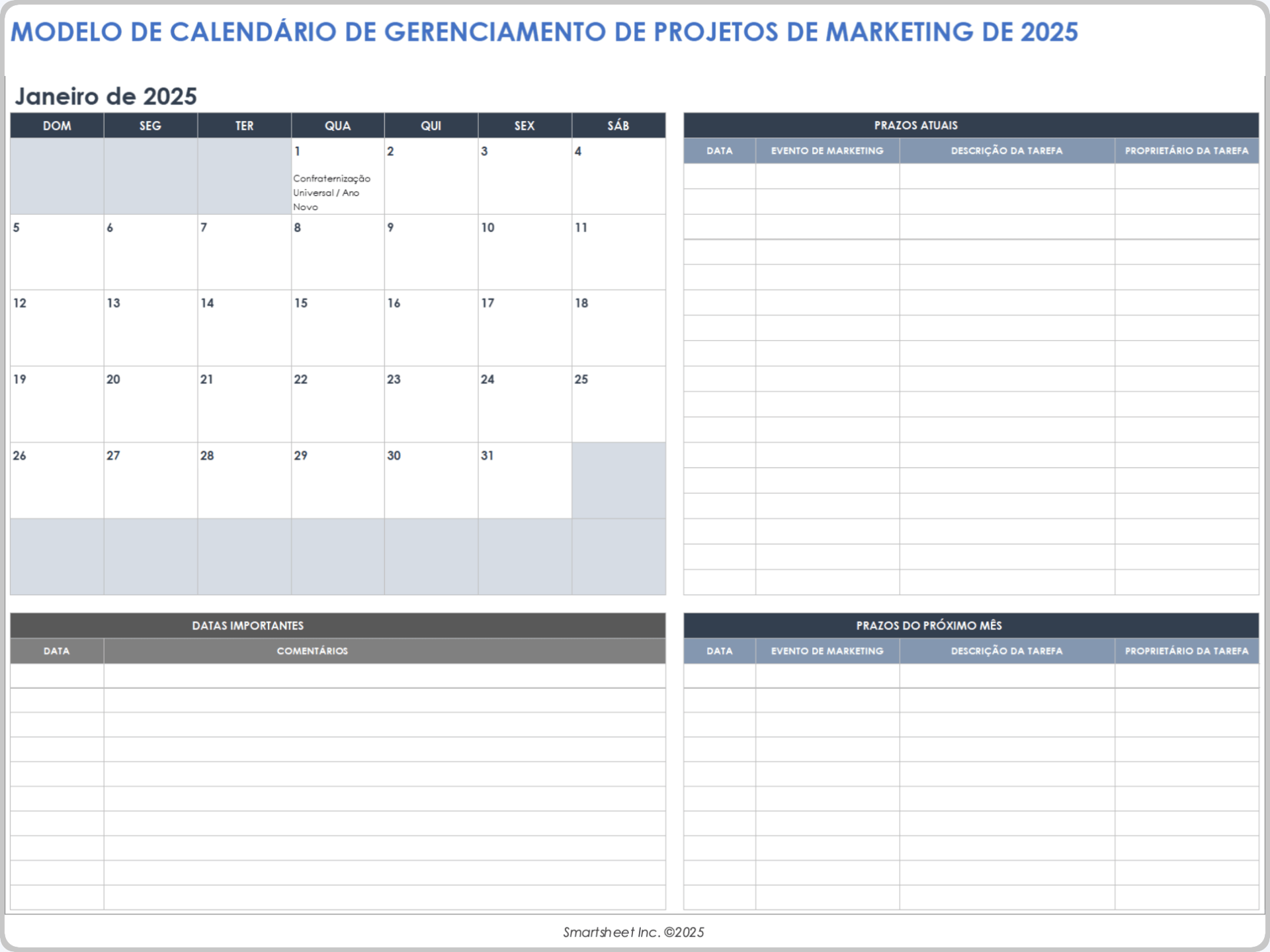 Modelo de calendário de gerenciamento de projetos de marketing de 2025